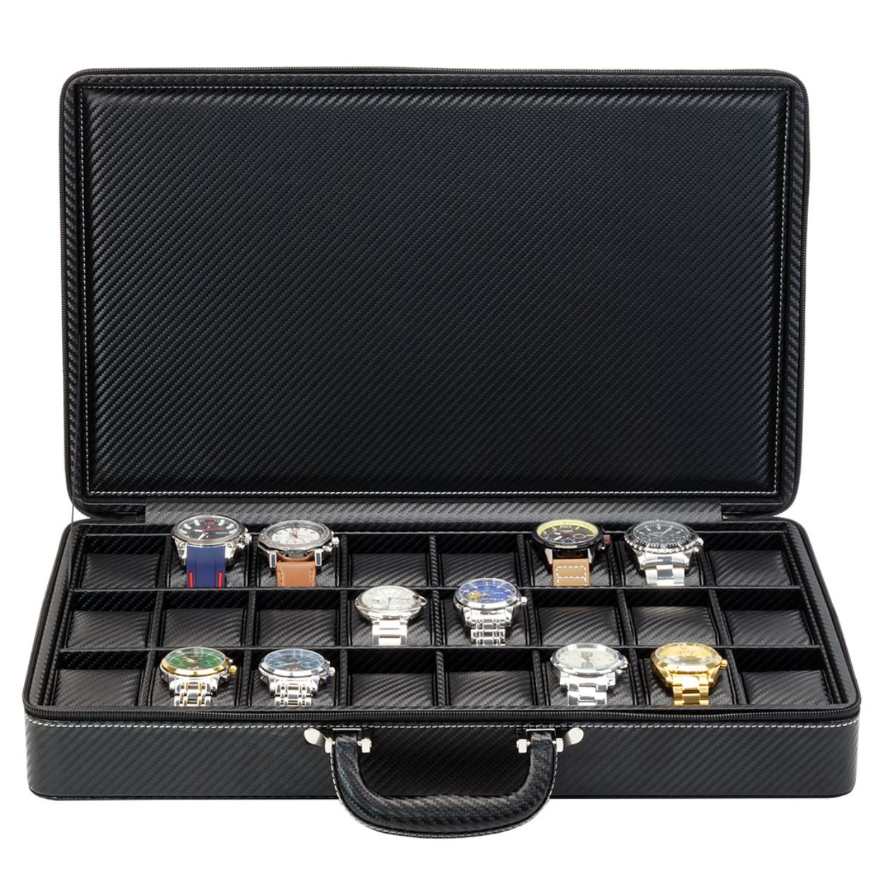 TIMELYBUYS 24 Slot Watch Briefcase Black Carbon Fiber Zippered Travel Storage Case